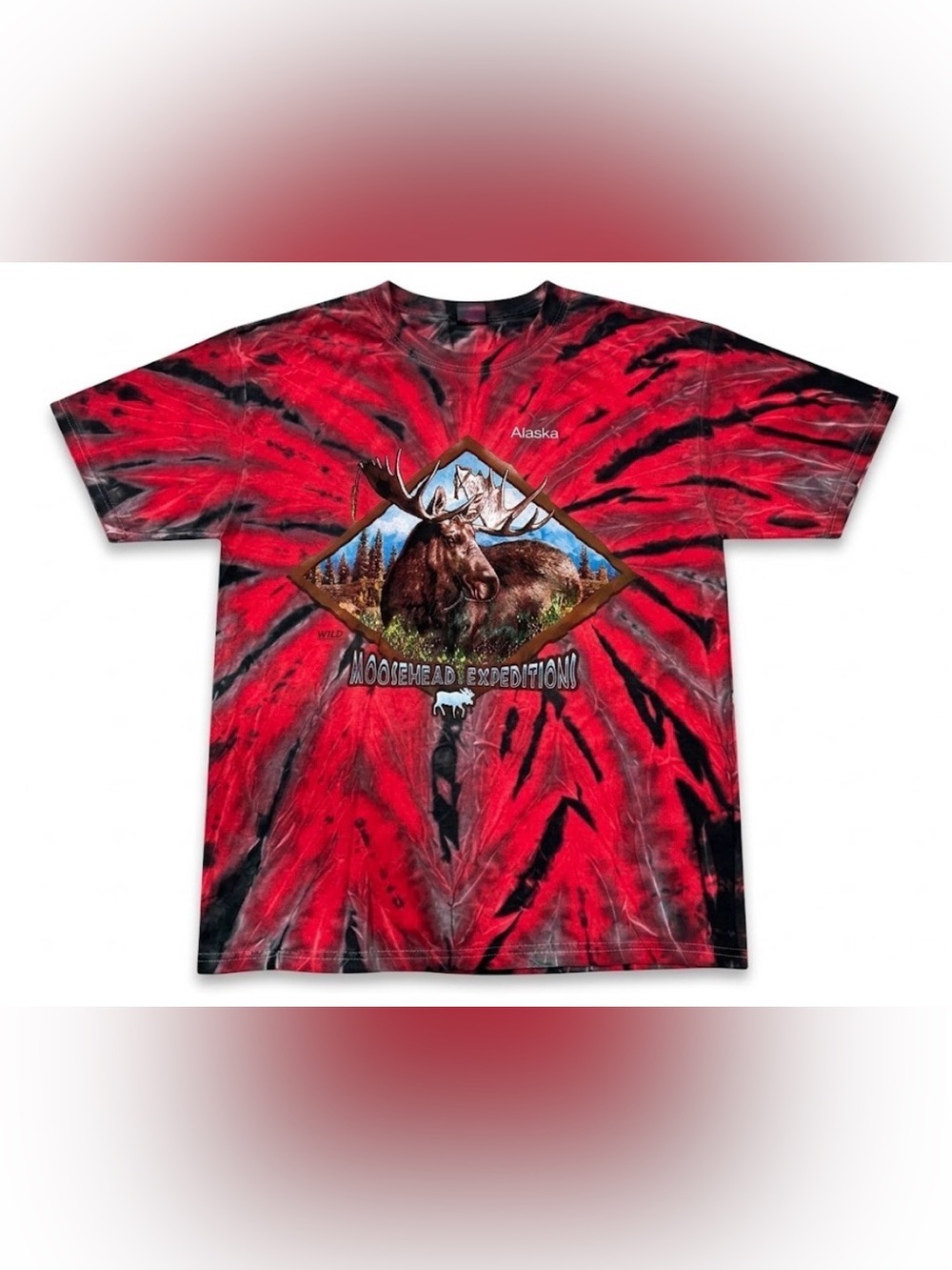 Vintage Alaska Moosehead Expeditions Tie Dye T Shirt Mens Large Red Black Wild